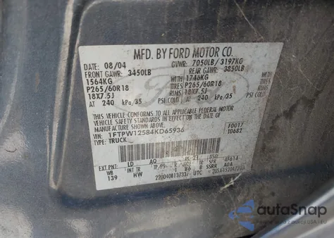 2004 Ford F-150 Lariat/Xlt из США, поврежденный, VIN 1FTPW12584KD65936